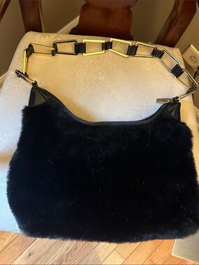 Charles-Hubert Paris like new black faux fur shoulder bag w/gold chain strap